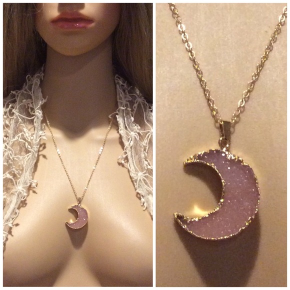 🌸PINK GOLD DRUZY HALF MOON 18" NECKLACE CHAIN LUV - Picture 7 of 7